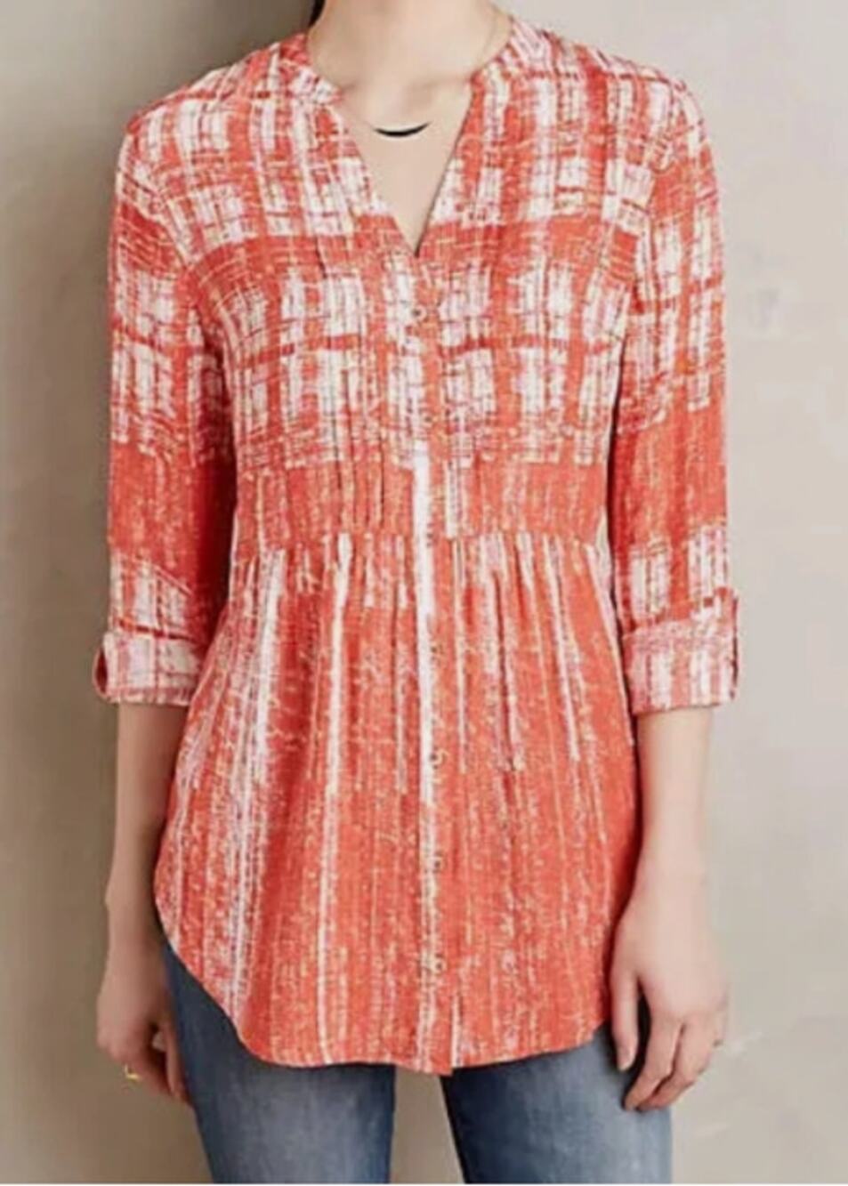 Anthropologie Maeve Calia Tunic Blouse Size 4 Orange Boho Button Shirt Top